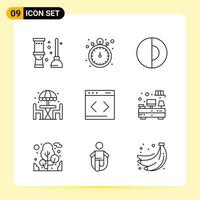 9 iconos creativos para el diseño moderno de sitios web y aplicaciones móviles receptivas 9 signos de símbolos de contorno sobre fondo blanco 9 paquete de iconos fondo de vector de icono negro creativo