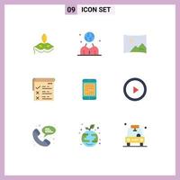 Group of 9 Modern Flat Colors Set for phone report person testing panorama Editable Vector Design Elements