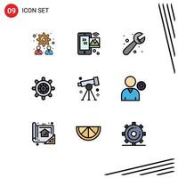 Filledline Flat Color Pack of 9 Universal Symbols of research biology mechanical wheel boat Editable Vector Design Elements