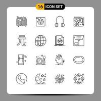 User Interface Pack of 16 Basic Outlines of global yuan support money travel Editable Vector Design Elements