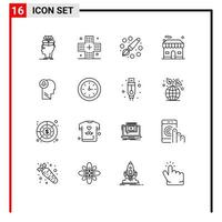 Group of 16 Outlines Signs and Symbols for estate shop health building education Editable Vector Design Elements