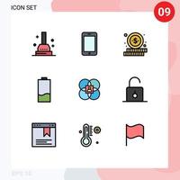 9 User Interface Filledline Flat Color Pack of modern Signs and Symbols of human character shopping low electricity Editable Vector Design Elements