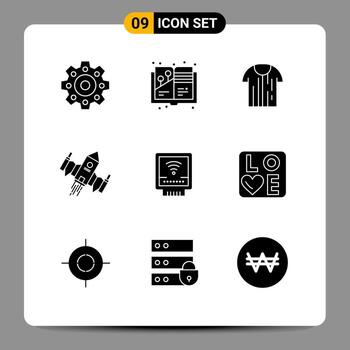 Group of 9 Modern Solid Glyphs Set for detector space refree ship spacecraft Editable Vector Design Elements