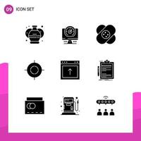 Mobile Interface Solid Glyph Set of 9 Pictograms of browser target healthcare point aim Editable Vector Design Elements