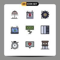 Stock Vector Icon Pack of 9 Line Signs and Symbols for money lock cogs laptop work Editable Vector Design Elements