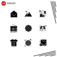 Pack of 9 Modern Solid Glyphs Signs and Symbols for Web Print Media such as boat television notification marketing ad Editable Vector Design Elements