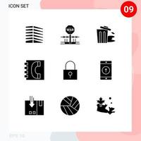 Solid Glyph Pack of 9 Universal Symbols of contacts communication occupation book pollution Editable Vector Design Elements