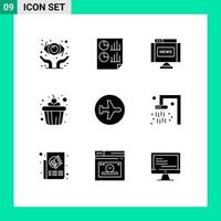 Set of 9 Modern UI Icons Symbols Signs for airport aero plane communications food cake Editable Vector Design Elements