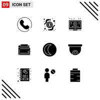 Universal Icon Symbols Group of 9 Modern Solid Glyphs of moon personal online money cash Editable Vector Design Elements