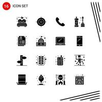 Set of 16 Vector Solid Glyphs on Grid for cancer sign health telephone report equipment Editable Vector Design Elements