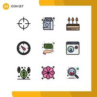 User Interface Pack of 9 Basic Filledline Flat Colors of holding cash celebration timer stopwatch Editable Vector Design Elements