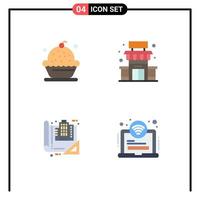 Set of 4 Commercial Flat Icons pack for baking building dessert shop blueprint Editable Vector Design Elements