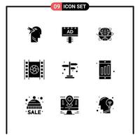 Pictogram Set of 9 Simple Solid Glyphs of movie film globe world internet Editable Vector Design Elements