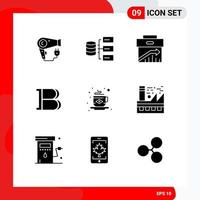 9 User Interface Solid Glyph Pack of modern Signs and Symbols of breakfast crypto arrow coin marketing Editable Vector Design Elements