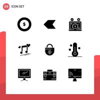 Pack of 9 creative Solid Glyphs of investment song performance love node Editable Vector Design Elements