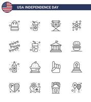 Set of 16 Modern Lines pack on USA Independence Day buntings star chair police television Editable USA Day Vector Design Elements