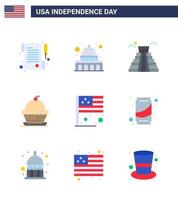 Flat Pack of 9 USA Independence Day Symbols of country thanksgiving landmark sweet dessert Editable USA Day Vector Design Elements