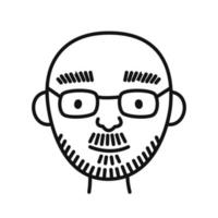 The face of a man with beard and glasses. Hand drawn portrait of person avatar in doodle style. Isolated vector illustration.