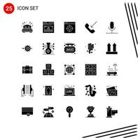 Group of 25 Modern Solid Glyphs Set for audio outgoing profile mobile target Editable Vector Design Elements