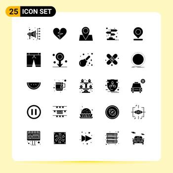 25 User Interface Solid Glyph Pack of modern Signs and Symbols of map pointer holiday location arrow Editable Vector Design Elements