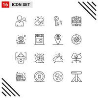 Pack of 16 Modern Outlines Signs and Symbols for Web Print Media such as bathroom dryer key science person Editable Vector Design Elements