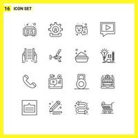 Mobile Interface Outline Set of 16 Pictograms of connection mail process chat film Editable Vector Design Elements
