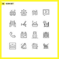 Mobile Interface Outline Set of 16 Pictograms of connection mail process chat film Editable Vector Design Elements