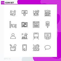 Set of 16 Modern UI Icons Symbols Signs for bedroom house insurance globe christmas Editable Vector Design Elements