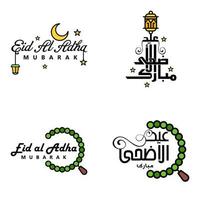 Modern Pack of 4 Vector Illustrations of Greetings Wishes For Islamic Festival Eid Al Adha Eid Al Fitr Golden Moon Lantern with Beautiful Shiny Stars