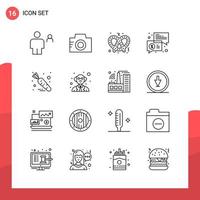 Pack of 16 Universal Outline Icons for Print Media on White Background Creative Black Icon vector background