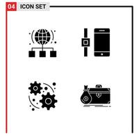 4 Universal Solid Glyphs Set for Web and Mobile Applications globe web network smart watch briefcase Editable Vector Design Elements