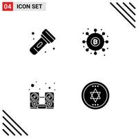 Pack of 4 Modern Solid Glyphs Signs and Symbols for Web Print Media such as camping computer torch finance music Editable Vector Design Elements