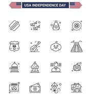 Big Pack of 16 USA Happy Independence Day USA Vector Lines and Editable Symbols of shield star garland military cash Editable USA Day Vector Design Elements