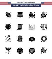 Big Pack of 16 USA Happy Independence Day USA Vector Solid Glyphs and Editable Symbols of file football map ball location pin Editable USA Day Vector Design Elements