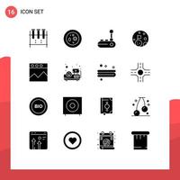 Mobile Interface Solid Glyph Set of 16 Pictograms of planet flag dish moon joy stick Editable Vector Design Elements