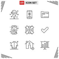 9 iconos estilo de línea basados en cuadrícula símbolos de esquema creativos para el diseño de sitios web signos de icono de línea simple aislados en fondo blanco 9 conjunto de iconos fondo de vector de icono negro creativo