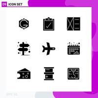 Mobile Interface Solid Glyph Set of 9 Pictograms of vehicle takeoff man plane pointer Editable Vector Design Elements