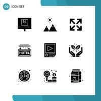 Universal Icon Symbols Group of 9 Modern Solid Glyphs of page rest peak travel hotel Editable Vector Design Elements