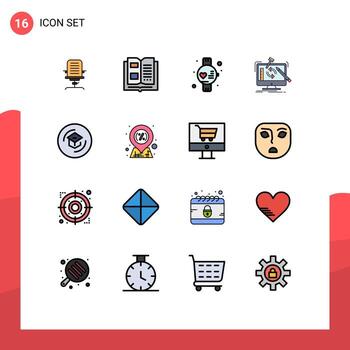 Set of 16 Commercial Flat Color Filled Lines pack for processing tools knowledge project watch Editable Creative Vector Design Elements