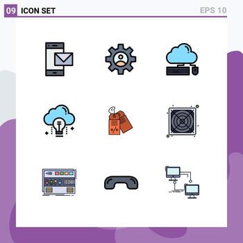 conjunto de pictogramas de 9 colores planos de línea de llenado simple de idea de bombilla usar elementos de diseño de vector editables de nube de nube