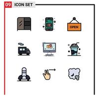 grupo de 9 signos y símbolos de colores planos de línea rellena para elementos de diseño vectorial editables de animación del editor de signos del monitor de bebidas vector