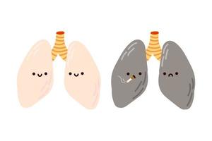 Cheerful healthy lungs and sad sick smoking lungs. Cute kawaii organs on a white background. vector