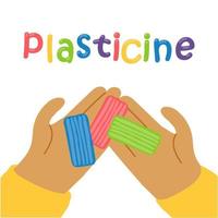Vector image. Children's hands hold colored plasticine. Modeling from colored clay, preschooler.
