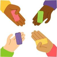 Multiethnic children play colored plasticine. Children share plasticine. Cute children's hands hold colored clay. vector