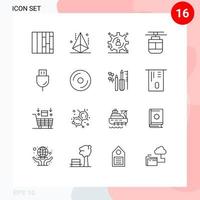 Mobile Interface Outline Set of 16 Pictograms of plug devices content storage vehicles tram Editable Vector Design Elements