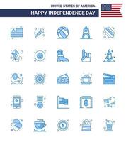 USA Happy Independence DayPictogram Set of 25 Simple Blues of kite hotdog ball american building Editable USA Day Vector Design Elements