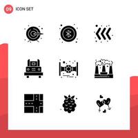 Set of 9 Commercial Solid Glyphs pack for factory spaceship left space transportation Editable Vector Design Elements