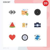 paquete de 9 signos y símbolos de colores planos modernos para medios de impresión web, como elementos de diseño de vectores editables de batería de enchufe de objetivo de educación de cámara