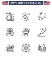 Happy Independence Day 4th July Set of 9 Lines American Pictograph of barbecue star american police state Editable USA Day Vector Design Elements