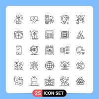 Paquete de iconos negros de 25 líneas símbolos de contorno para aplicaciones móviles aisladas en fondo blanco 25 iconos establecidos fondo de vector de icono negro creativo